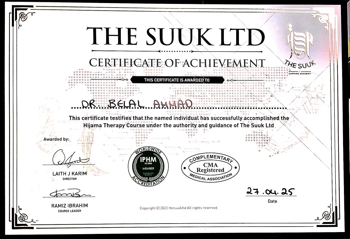 Dr. Belal Hijama Therapy Certificate - IPHM Accredited, CMA Registered